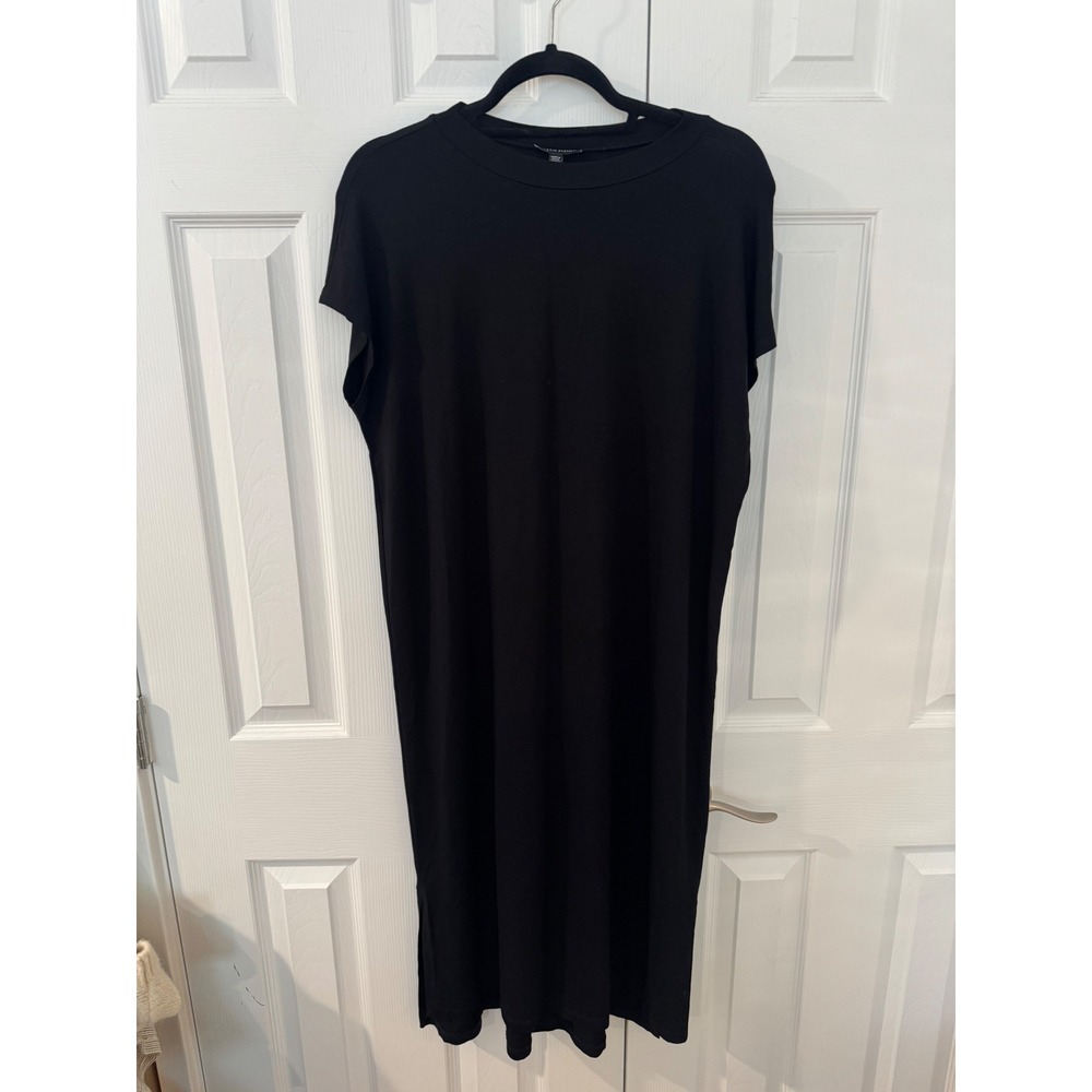 Eileen Fisher Black Jersey Knit Crew Neck Midi Shift Dress size Small Side Slits